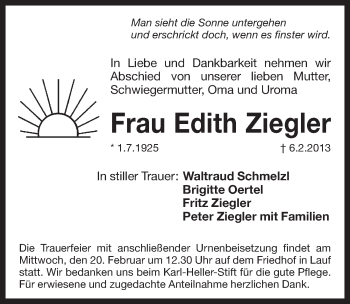 Traueranzeige von Edith Ziegler von Pegnitz-Zeitung